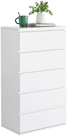 FOTOSOK 5 Drawer Dresser, Modern Storage Chest of Drawer with Large Storage Space, 23.6L x 15.7W x 39.4H Inch Bedroom Tall Nightstand Clothing Organizer Cabinet, White