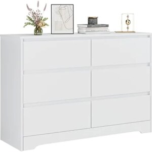 FOTOSOK 6 Drawer Double Dresser, White Dresser for Bedroom, Modern 6 Chest of Drawers with Deep Drawers, Wide Storage Organizer Cabinet for Living Room Home