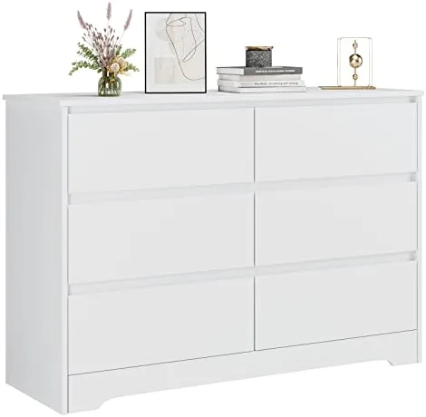 FOTOSOK 6 Drawer Double Dresser, White Dresser for Bedroom, Modern 6 Chest of Drawers with Deep Drawers, Wide Storage Organizer Cabinet for Living Room Home