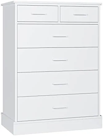 FOTOSOK 6 Drawer Dresser, White Dresser Tall Dresser Wood with Metal Handles, White Modern Chests of Drawer White Dresser for Bedroom, 15.7” x 27.6” x 37.8”