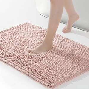 FRESHMINT Chenille Bathroom Rugs Non-Slip Bath Mat 24”x16.5“, Washable Soft Shower Mat, for Bathroom Floor & Tub Fluffy Shag Bath Rugs, Durable Thick Water Absorbent Microfiber Shower Rugs, Pink