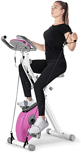 Fitnessclub Folding Exercise Bike, Magnetic Resistance Indoor Upright Ultra-Quiet Bicycle Stationary with Heart Rate,LCD Monitor,Cup Holder,Elastic Rope & Phone Mount for Home Cardio Workout Training