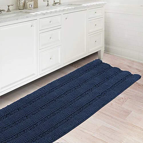 Flamingo P Bath Rugs Ultra Thick and Soft Texture Bath Mat Chenille Plush Striped Floor Mats Hand Tufted Bath Rug with Non-Slip Backing Door Mat for Kitchen/Entryway (Navy - 47" x 17")