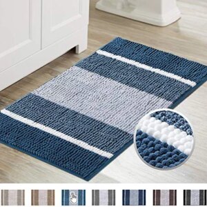 Flamingo P Luxury Chenille Plush Bath Rug, Gradient Blue Stripe Pattern Non Slip Absorbent Super Cozy Shaggy Bath Mat, Machine Washable Soft Microfiber Bathroom Mat for Tub Shower (20×32 inch, Blue)