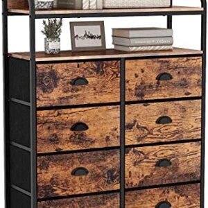 Furologee 8 Storage Drawers Dresser for Bedroom with Double Shelf Tall, Large Storage Organizer Unit for Closet,Living Room,Entryway, Wooden Top,Sturdy Metal Frame