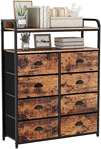 Furologee 8 Storage Drawers Dresser for Bedroom with Double Shelf Tall, Large Storage Organizer Unit for Closet,Living Room,Entryway, Wooden Top,Sturdy Metal Frame