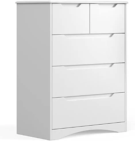 Gizoon 5 Drawers Chest, White Bedroom Drawer Dresser and Organizer with Large Storage Capacity, Embedded Handle, and Sturdy Anti-tripping Device, Modern Design Cabinet for Hallway, Office, Living Room