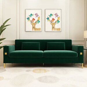 Green Velvet Couch Sofa Loveseat, 85.63 Wide Mid-Century Modern Love Seat Tufted Chesterfield Velvet Sofa Futon with Curved Arm Gold Leg, 3 Seat Sofa Large Comfy Sofas Couches for Livingroom (Green)