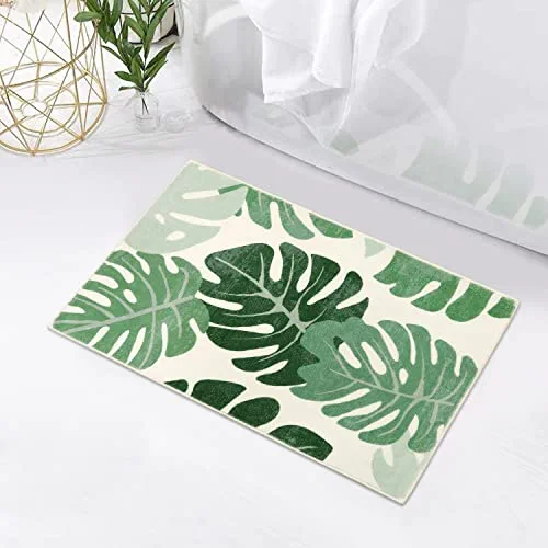 HAOCOO Bath Mat 18x25 inch Green Leaves Velveteen Area Rug Non-Slip Ultra Soft Bathroom Rugs Machine Washable Bath Rug Floor Carpet Entryway Door Mat for Doormats Tub Shower Decor