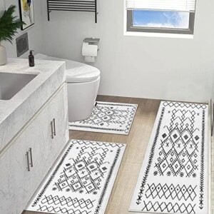 HEBE Bathroom Mat Set 3 Piece Non Slip Bath Mats Soft Farmhouse Bathroom Rug Set Plush Shaggy Bath Mats Carpets Includes U-Shaped Toilet Mat for Bathroom, Shower