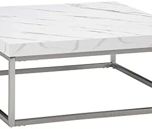 HOMCOM Square Coffee Table with Faux Marble Tabletop, Low Table for Sitting on The Floor, Stainless Steel Frame for Living Room, White