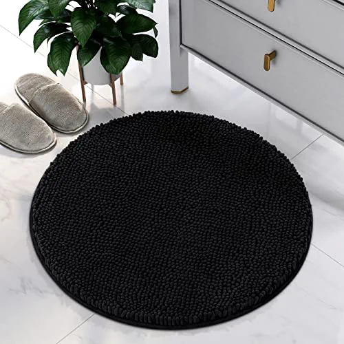 HOMEIDEAS Round Bathroom Rugs, Non Slip Bath Mat, 2 Ft Extra Soft and Absorbent Bath Rug, Machine Washable Bath Mats, Luxury Chenille Shaggy Black Area Rug for Bathroom Living Room Bedroom Dining room