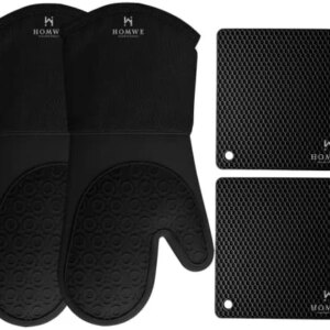 HOMWE Silicone Oven Mitts and Pot Holders, 4-Piece Set, Heavy Duty Cooking Gloves, Kitchen Counter Safe Trivet Mats, Advanced Heat Resistance, Slip-Resistant Textured Grip, Black