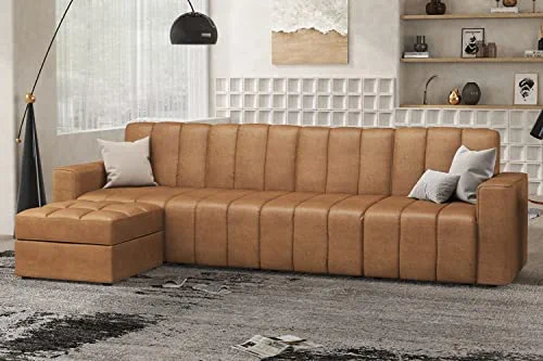 HONBAY Reversible Sectional Sofa Tufted L Shaped Couch with Storage Ottoman Modular Sectional Sofa with Chaise, Caramel Brown