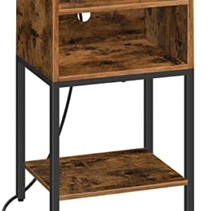 HOOBRO Nightstand with Charging Station, End Table with Open Drawer, Side Table with USB Ports and Outlets, for Small Spaces, Bedroom, Living Room, Rustic Brown BF381BZ01