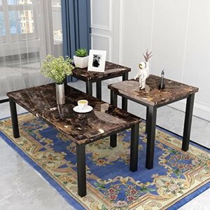 HOOSENG 3 Piece Coffee Table Set, Faux Marble Tabletop Style with Black Metal Frame Sofa Side Tables Perfect for Living Room Accent Furniture,Includes Table & 2 End Tables, Brown