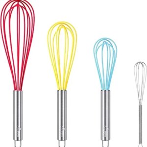 HOTEC 4 Pieces Silcone Whisks Set with Stainless Steel Handle, Wire Whisk Balloon Whisk Egg Beater Kitchen Utensils for Stirring, Beating, Blending