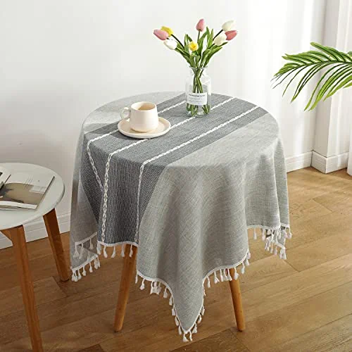 HPX HOME Gray Cotton Linen Tablecloth Heavy Weight Boho Farmhouse Table Cover Stitching Tassel Washable Table Cloth for Party Kitchen Dinning Picnic Tabletop Decoration (Square, 35 x 35 Inch)