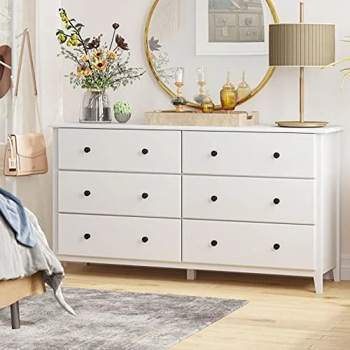 Hasuit 6 Drawer Double Dresser, Wood Dresser Chest with Wide Storage Space, Storage Tower Clothes Organizer, Large Storage Cabinet for Bedroom, Living Room, Hallway (Modern White)