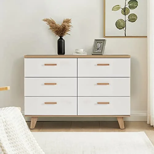 Henf Modern 6 Drawers Dresser, Elegant 6 Drawers Chest Dresser Storage Cabinet with Wood Handles and Foot, Chest of Drawer Cabinet for Closet Bedroom, Living Room, Kids Room