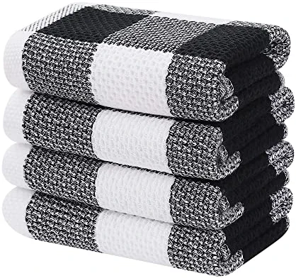 Homaxy 100% Cotton Waffle Weave Check Plaid Kitchen Towels, 13 x 28 Inches, Super Soft and Absorbent Dish Towels for Drying Dishes, 4-Pack, White & Black