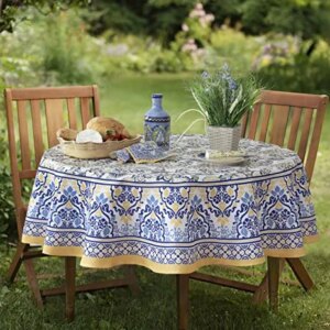 Home Bargains Plus Provence Allure Arabesque Yellow and Blue Floral Bordered Country French Fabric Tablecloth, Indoor Outdoor, Stain and Water Resistant, 70” Round