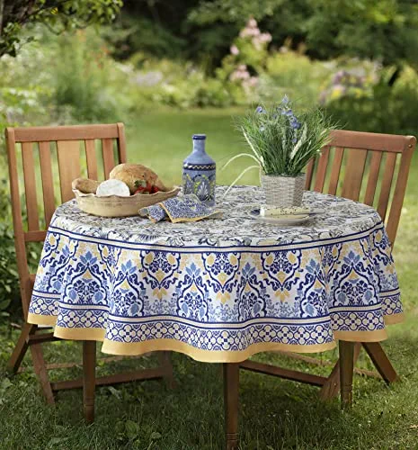 Home Bargains Plus Provence Allure Arabesque Yellow and Blue Floral Bordered Country French Fabric Tablecloth, Indoor Outdoor, Stain and Water Resistant, 70” Round