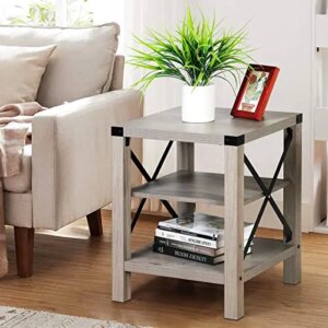 IDEALHOUSE Farmhouse End Table 18.1" Sofa Side End Table for Living Room 3-Tier Industrial Gray Storage Nightstand Table with Removable Middle Shelf (Used as 2-Tier Table) Easy Assembly X Metal Frame