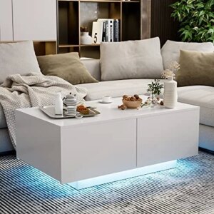 IKIFLY Modern White LED Coffee Table w/4 Drawers, High Glossy Center Table with 16 Colors LED Lights for Home Living Room