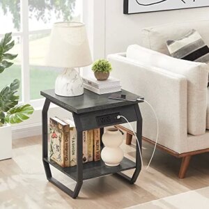 IRCPEN Side Table with Charging Station Octagon Stand Modern Nightstand, 2 Tier Small End Tables for Living Room, Bedroom, Farmhouse (1, Dark Grey, 17.3" D X17.3 W X21.6 H)