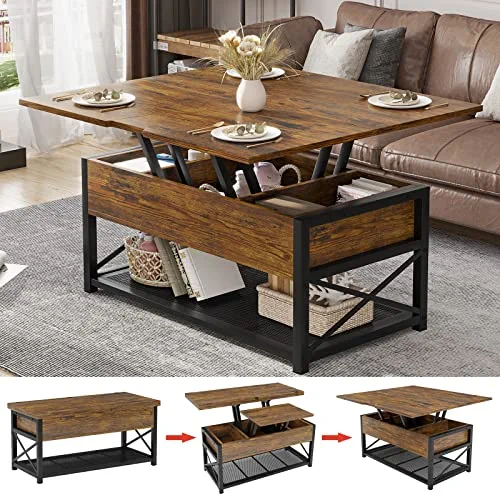 Itaar 43" Lift Top Coffee Table, 3 in 1 Multi-Function Coffee Table with Storage for Living Room, Small Coffee Table for Dining Reception Room, Rustic Brown