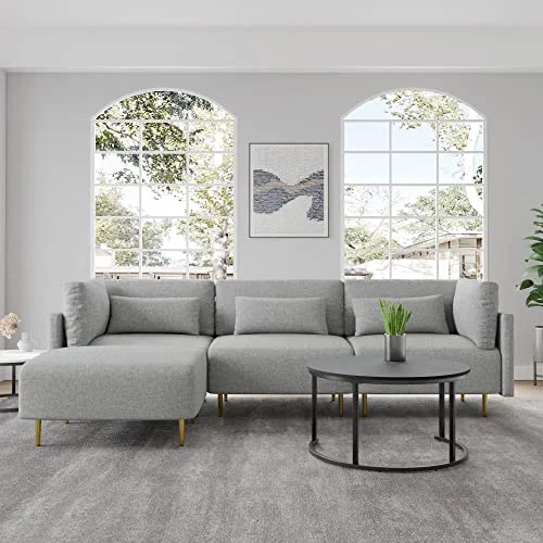 JACH 105" Convertible Sectional Sofa Couch, Modern Linen Fabric L-Shape Modular Couch 3-Seat Sofa Sectional with Reversible Ottomans for Apartment Living Room Furniture Sets, Light Grey