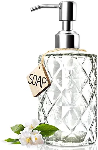 JASAI Diamond Design 12 Oz Glass Soap Dispenser, Kitchen Soap Dispenser with 304 Rust Proof Stainless Steel Pump, Bathroom Soap Dispenser for Hand Soap, Soap, Lotion(Clear)