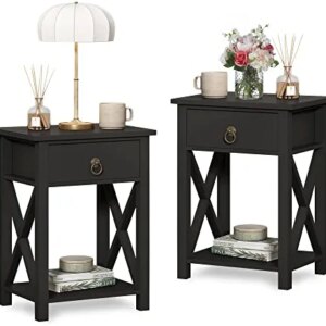 JAXSUNNY End Tables Set of 2, X-Design Modern Side Table with Drawer and Storage Self, Bedside Table Nightstands for Bedroom, Living Room, Black