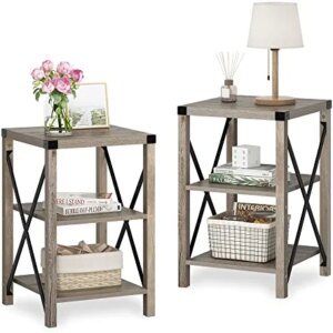 JAXSUNNY Small End Tables with Storage Shelves, 3-Tier Bed Side Table Night Stands for Bedroom, Living Room, Small Spaces, Modern Farmhouse Flair, Set of 2, Grey Wash