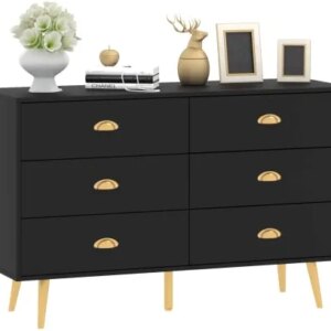 JOZZBY Black Dresser, 6 Drawer Dresser for Bedroom with Wide Drawers and Metal Handles, Storage Chest of Drawers for Living Room Hallway Entryway