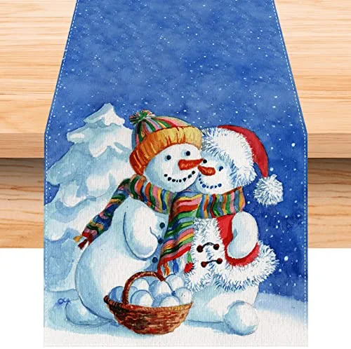 Jiudungs Linen Blue Christmas Snowman Table Runner 72 Inches Long Farmhouse Christmas Xmas Winter Holiday Home Kitchen Dining Room Table Decorations