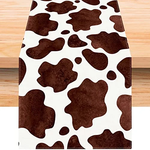 Jiudungs Linen Watercolor Cow Print Table Runner 90 Inches Long Cowhide Tablecloth Farm House Barnyard Animals Western Party Home Kitchen Table Decoration