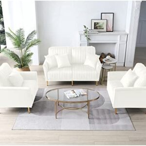 KIVENJAJA 3 Piece Living Room Furniture Set, Including 2 Accent Chair and 1 Loveseat Sofa Couch with Velvet Upholstery, Channel Tufted & 4 Pillows for Living Room Apartment, Beige