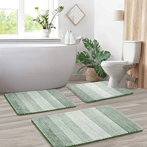 KMSON 3 Pcs Ombre Bath Rug Set Bathroom Rugs with U-Shaped Mat, Non Slip Ultra Soft and Water Absorbent Bath Carpet, Machine Washable Quick Drying Bedroom Floor Mat Living Room Rug Green