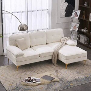 Karl home Convertible Sectional Sofa 83" L-Shape Sofa Couch 3-Seat Couch with Chaise ChenilleFabric Upholstered for Living Room, Apartment, Office, Creamy-White