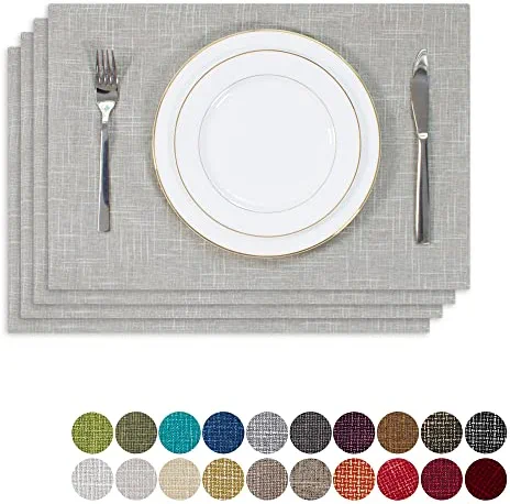 Kevin Textile Faux Linen Heat Resistant Placemats for Dining Table Set of 4, Easy to Clean Anti-Slip Place Mats, 13" x 19", Grey White