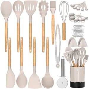 Kitchen Cooking Utensil Set, Fungun 26 pcs Cooking Utensils - Nonstick Kitchen Utensils Cookware Set Spatula Set -Kitchen Gadgets Utensils Set, Kitchen Tools Gift-khaki