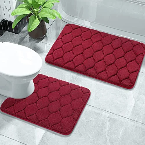 Kmson 2 Piece Extra Thick Bathroom Rugs Christmas Décor, Non Slip Plush Shaggy Soft and Water Absorbent Bath Mat Set, Machine Washable Quick Dry Bedroom Door Mat Shower Tub Rug Red