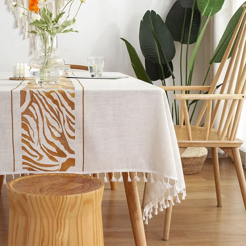 LINENLUX Rustic Rectangular Tablecloth Tassel Plaid Table Cloth Burlap Farmhouse Linen Tablecloths for Dining Kitchen Room Tabletop Decoration Zebra Print Golden Rectangle/Oblong 55 X 86 in