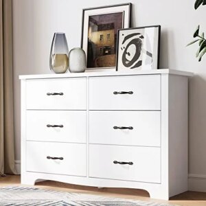 LINSY HOME 6 Drawer Chest, White Dresser for Bedroom, Nursery Dresser Organizer, Wide Dresser Chest of Drawers for Kids Bedroom