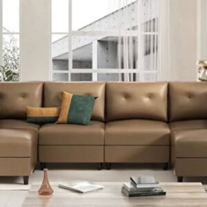 LLappuil Faux Leather Fabric Modular Sectional Sofa with Reversible Chaises, 6 Seater U-Shaped Sofa Sleeper with Storage Seat, Convertible Sectional Couch for Living Room, Cognac