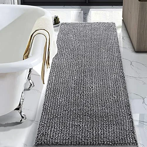 LOCHAS Luxury Bathroom Rug Runner Non Slip Chenille Bath Rugs 24x60 Inch, Super Soft and Comfy Carpets, Plush Shaggy Absorbent Bath Mat Runners for Bathroom, Machine Washable, Light Gray