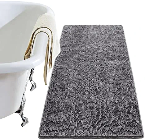 LOCHAS Luxury Bathroom Rug Shaggy Bath Mat 24 x 48 Inch, Washable Non Slip Bath Rugs for Bathroom Shower, Soft Plush Chenille Absorbent Carpets Mats, Grey