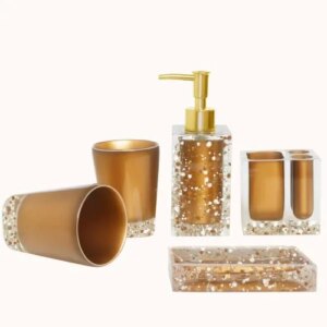 LUANT 5-Piece Resin Bathroom Accessory Set with Soap Dish, Dispenser, Toothbrush Holder and Tumbler, Golden